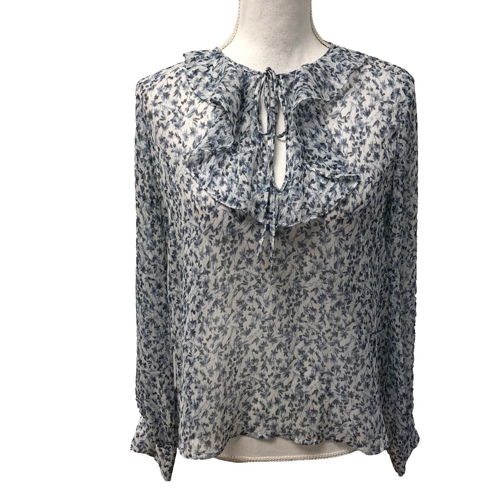 Five Seventy Five Chiffon Blouse‎ Womens Small Blue Floral Ruffle Neck Sheer